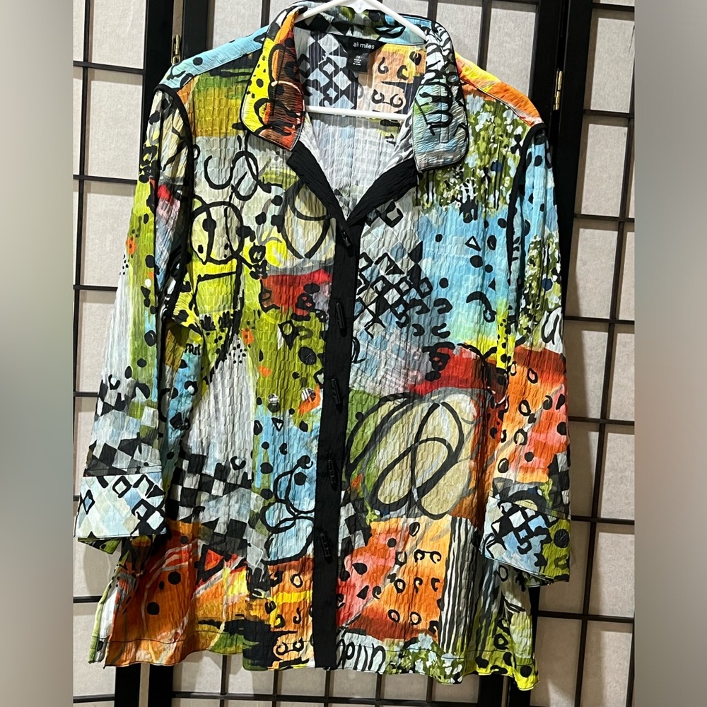ALI MILES TEXTURED Abstract MULTI Print WIRE COLLAR BUTTON FRONT TUNIC SIZE 1X - Picture 4 of 13